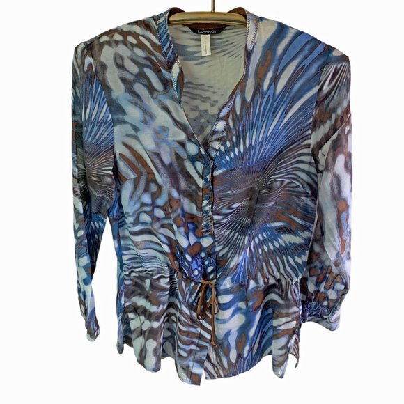 BIANCA of Germany Blue Tropical Print Silk Blend Waist Drawstring Tunic - Picture 5 of 11